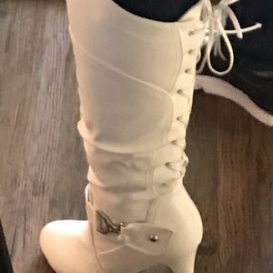 White knee high heel boots